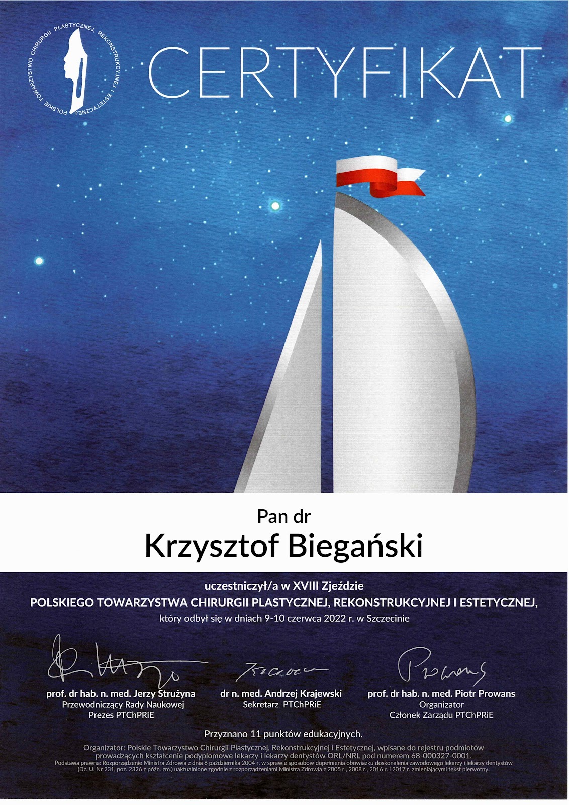 Certyfikat potwierdzający kwalifikacje dr Biegańskiego chirurga plastycznego w Poznaniu
