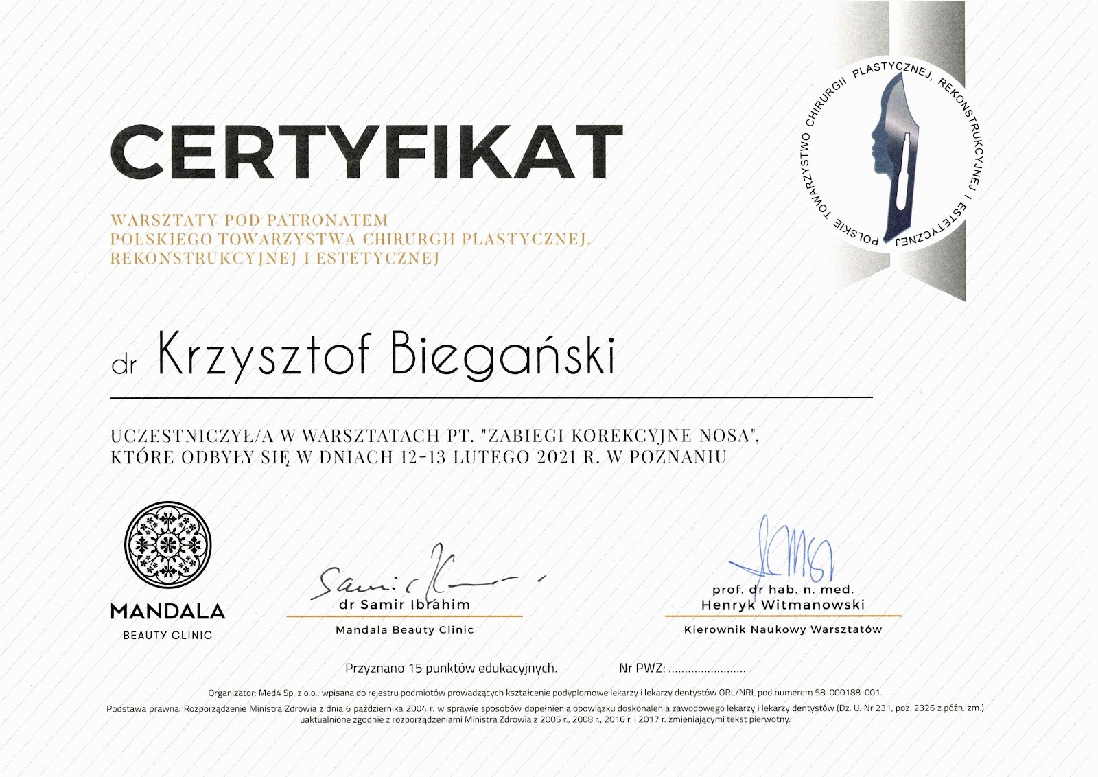 Certyfikat potwierdzający kwalifikacje dr Biegańskiego chirurga plastycznego w Poznaniu