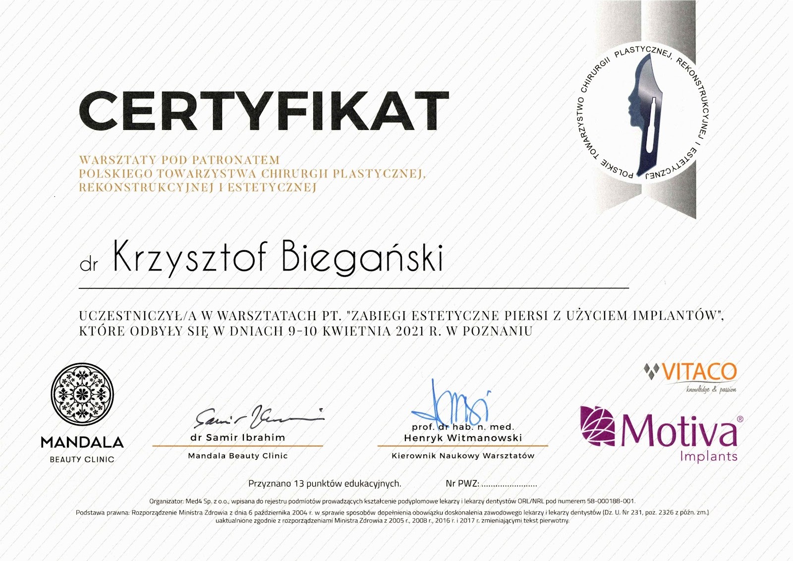 Certyfikat potwierdzający kwalifikacje dr Biegańskiego, chirurga plastycznego z Poznania