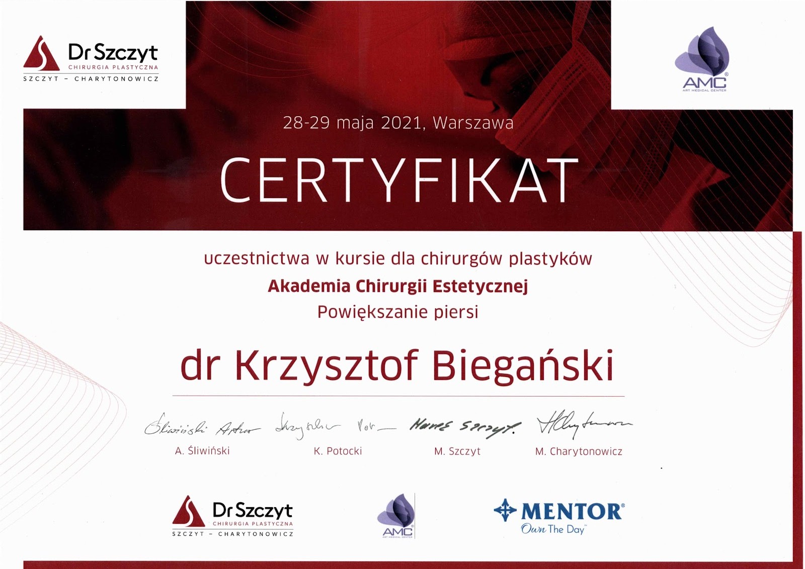 Certyfikat potwierdzający kwalifikacje dr Biegańskiego, chirurg plastyczny w Poznaniu