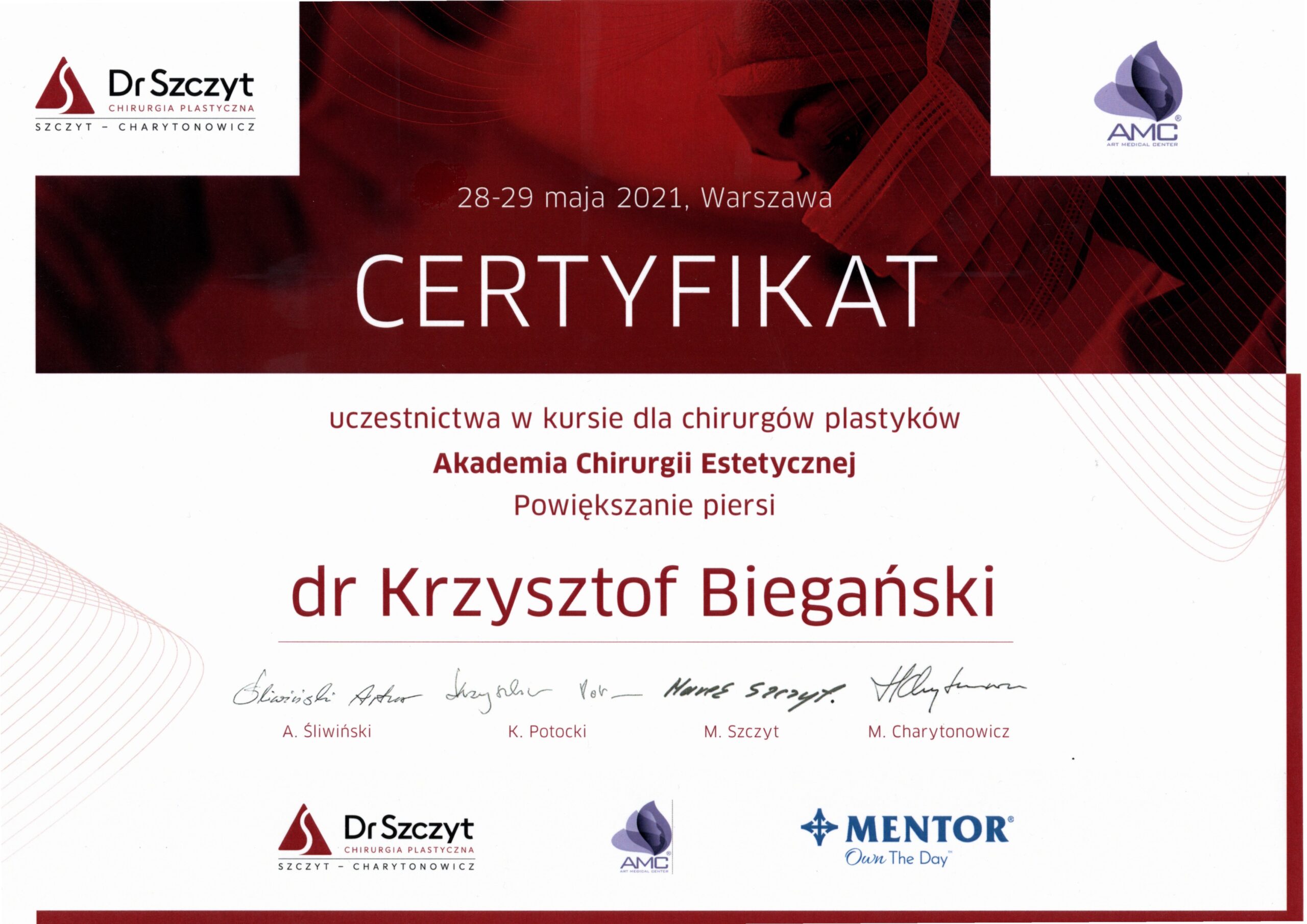 Certyfikat Akademii Chirurgii Estetycznej potwierdzający kwalifikacje w powiększaniu piersi
