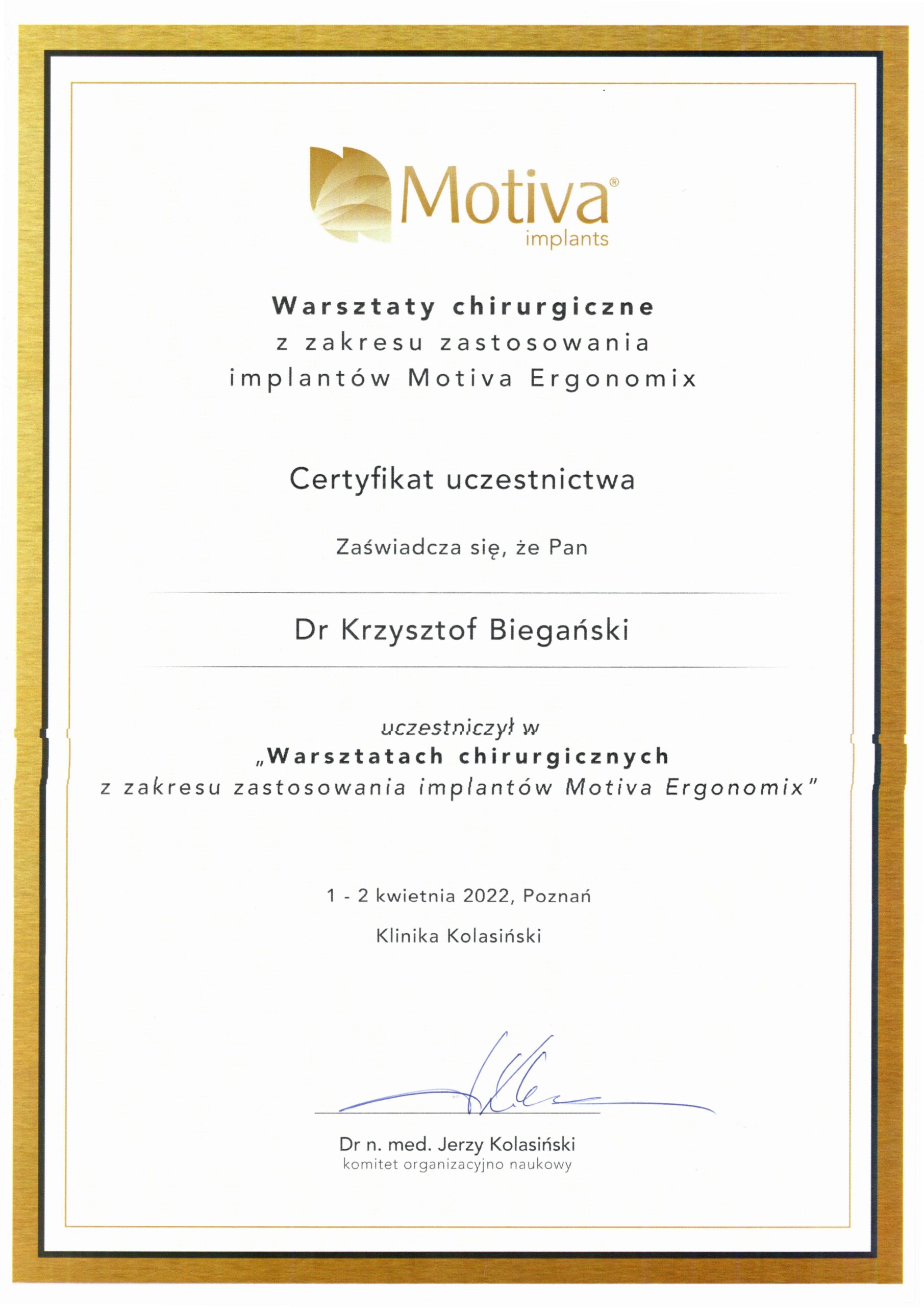 Certyfikat Motiva potwierdzający autentyczność implantów Motiva Ergonomix w klinice dr Biegańskiego w Poznaniu